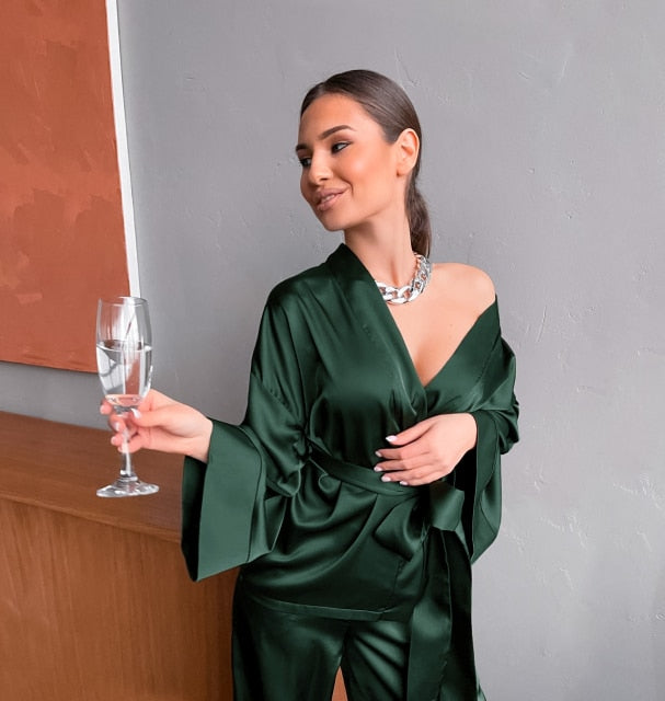 Solid Color Sleepwear Loose Flare Home Pants Three Quarter Sleeve Satin Robe Sets Bathrobe For Women Pajama Fashion Spring 2021