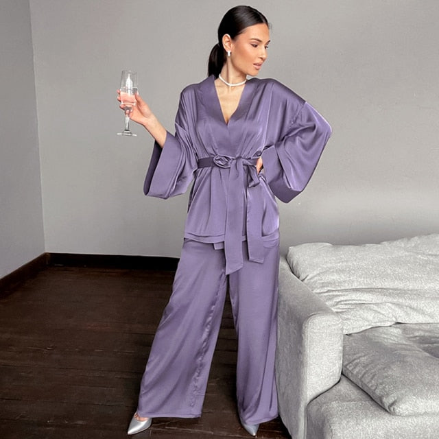 Solid Color Sleepwear Loose Flare Home Pants Three Quarter Sleeve Satin Robe Sets Bathrobe For Women Pajama Fashion Spring 2021