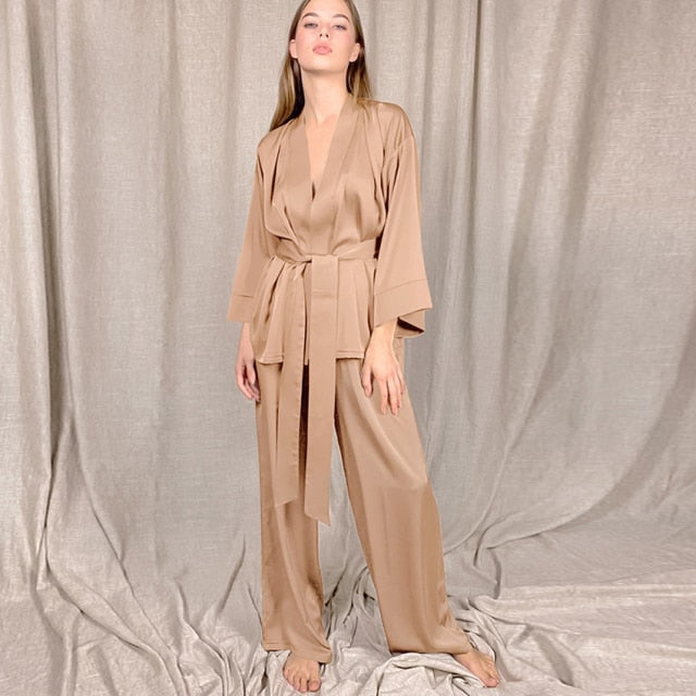 Solid Color Sleepwear Loose Flare Home Pants Three Quarter Sleeve Satin Robe Sets Bathrobe For Women Pajama Fashion Spring 2021
