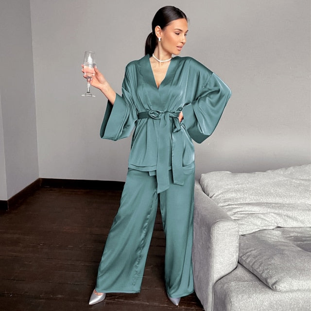 Solid Color Sleepwear Loose Flare Home Pants Three Quarter Sleeve Satin Robe Sets Bathrobe For Women Pajama Fashion Spring 2021
