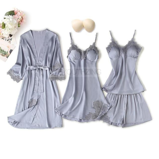 Pajama Set Women Lace Trim Satin Sleepwear Pyjamas Pour Femme Summer Nightwear With Pants Casual Home Wear Kimono Robe Gown PJS