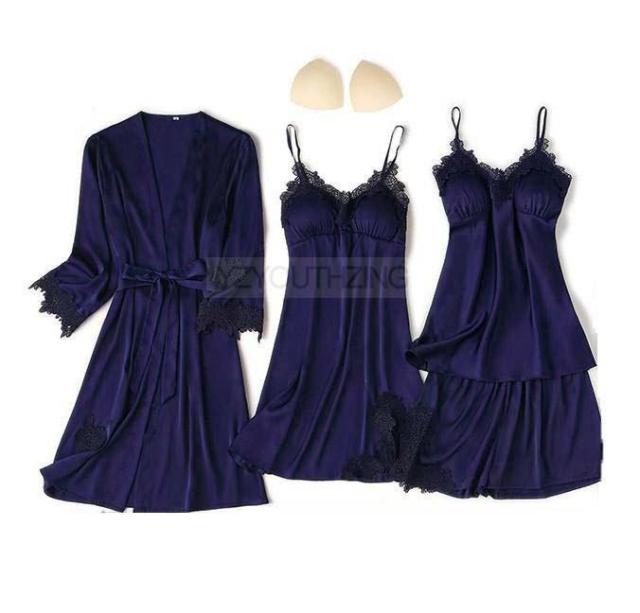 Pajama Set Women Lace Trim Satin Sleepwear Pyjamas Pour Femme Summer Nightwear With Pants Casual Home Wear Kimono Robe Gown PJS
