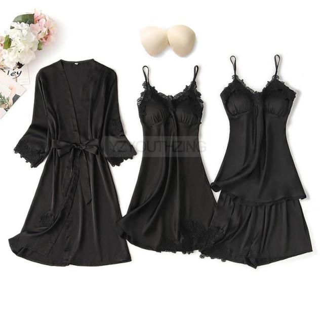 Pajama Set Women Lace Trim Satin Sleepwear Pyjamas Pour Femme Summer Nightwear With Pants Casual Home Wear Kimono Robe Gown PJS