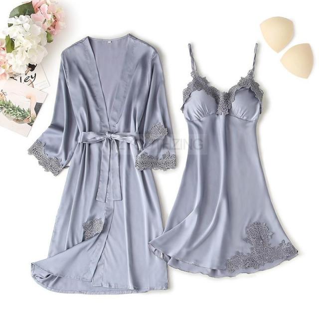 Pajama Set Women Lace Trim Satin Sleepwear Pyjamas Pour Femme Summer Nightwear With Pants Casual Home Wear Kimono Robe Gown PJS