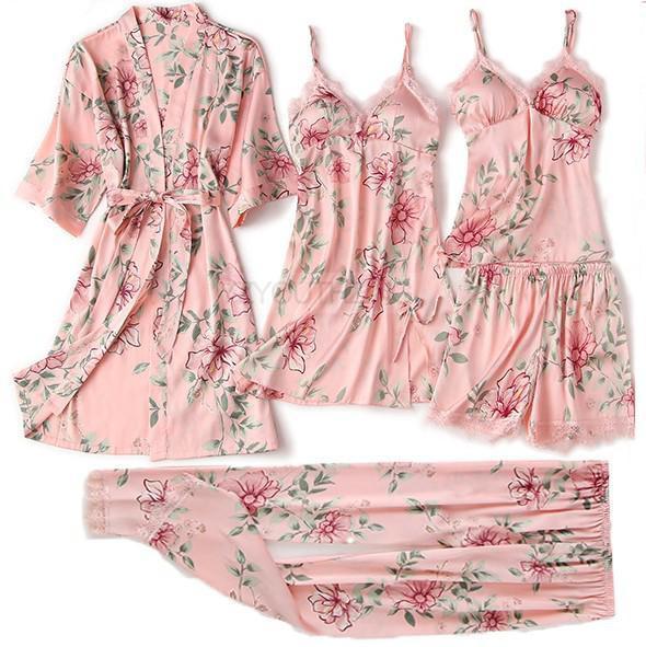 Pajama Set Women Lace Trim Satin Sleepwear Pyjamas Pour Femme Summer Nightwear With Pants Casual Home Wear Kimono Robe Gown PJS
