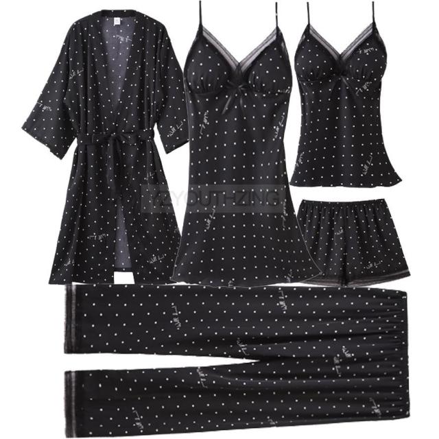 Pajama Set Women Lace Trim Satin Sleepwear Pyjamas Pour Femme Summer Nightwear With Pants Casual Home Wear Kimono Robe Gown PJS