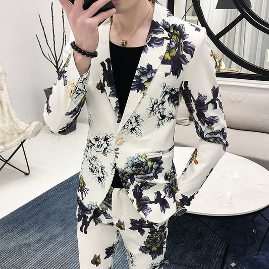 (Jackets+Pants) 2021 Men's spring Printed business Blazers/Male slim fit Casual suit of two pieces Groom's Wedding Dress S-3XL