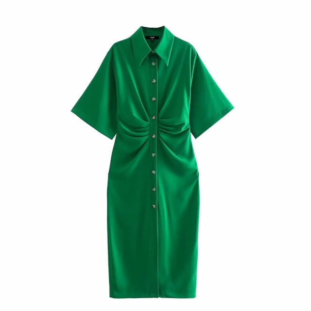TRAF Women Chic Fashion Button-up Draped Midi Shirt Dress Vintage Short Sleeve Side Zipper Female Dresses Vestidos