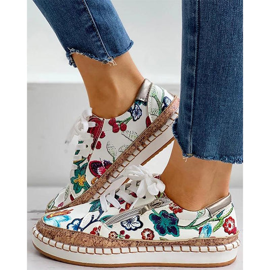 2021 Women Sneakers Lady Vulcanized Shoes Elegant Floral Printed Lace-up Female Platform Shoes Fashion Women Casual Footwear