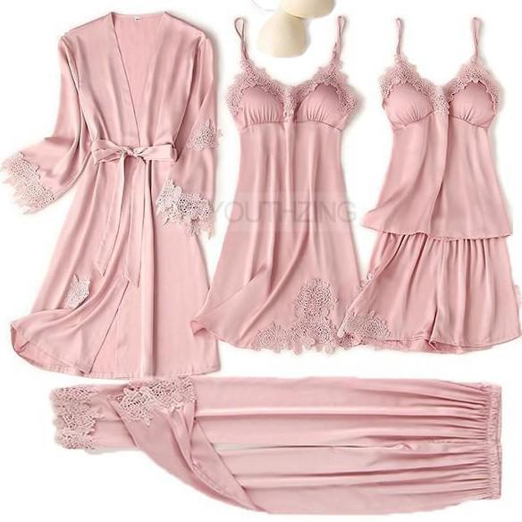 Pajama Set Women Lace Trim Satin Sleepwear Pyjamas Pour Femme Summer Nightwear With Pants Casual Home Wear Kimono Robe Gown PJS