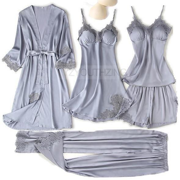 Pajama Set Women Lace Trim Satin Sleepwear Pyjamas Pour Femme Summer Nightwear With Pants Casual Home Wear Kimono Robe Gown PJS