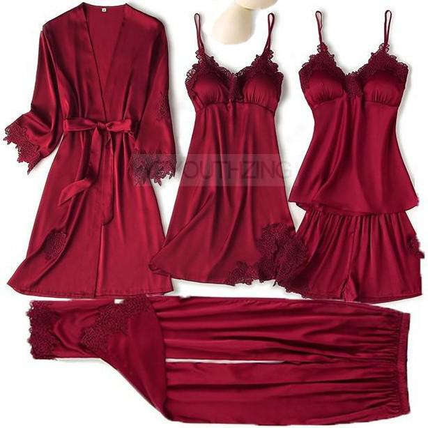 Pajama Set Women Lace Trim Satin Sleepwear Pyjamas Pour Femme Summer Nightwear With Pants Casual Home Wear Kimono Robe Gown PJS