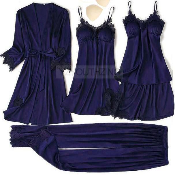 Pajama Set Women Lace Trim Satin Sleepwear Pyjamas Pour Femme Summer Nightwear With Pants Casual Home Wear Kimono Robe Gown PJS