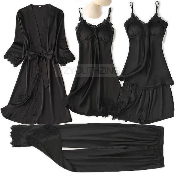 Pajama Set Women Lace Trim Satin Sleepwear Pyjamas Pour Femme Summer Nightwear With Pants Casual Home Wear Kimono Robe Gown PJS