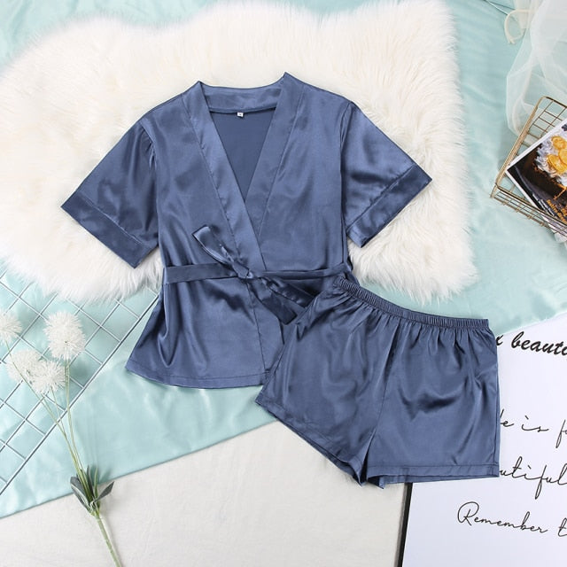 Solid Color Sleepwear Loose Flare Home Pants Three Quarter Sleeve Satin Robe Sets Bathrobe For Women Pajama Fashion Spring 2021