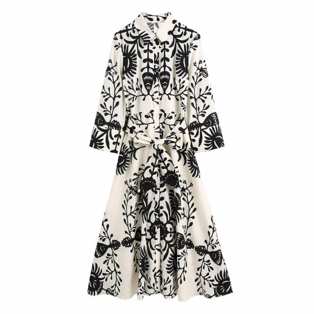 Zevity Women Vintage Totem Floral Print Bow Sashes Midi Shirt Dress Female Chic Three Quarter Sleeve Casual Slim Vestidos DS8361