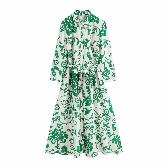 Zevity Women Vintage Totem Floral Print Bow Sashes Midi Shirt Dress Female Chic Three Quarter Sleeve Casual Slim Vestidos DS8361