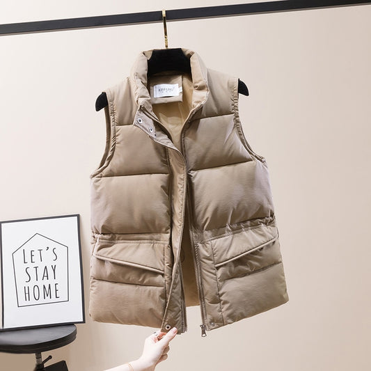 Solid Short Style Vest for Women Cotton Padded Women's Winter Sleeveless Jacket with Zipper Stand Collar Casual Coats