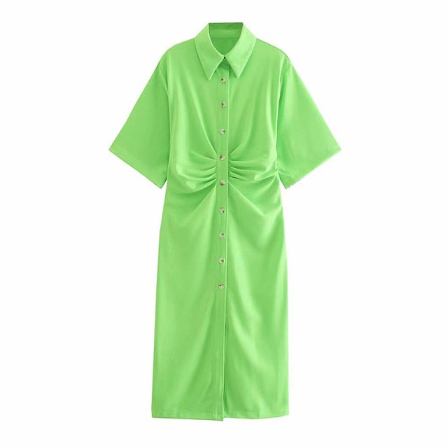TRAF Women Chic Fashion Button-up Draped Midi Shirt Dress Vintage Short Sleeve Side Zipper Female Dresses Vestidos