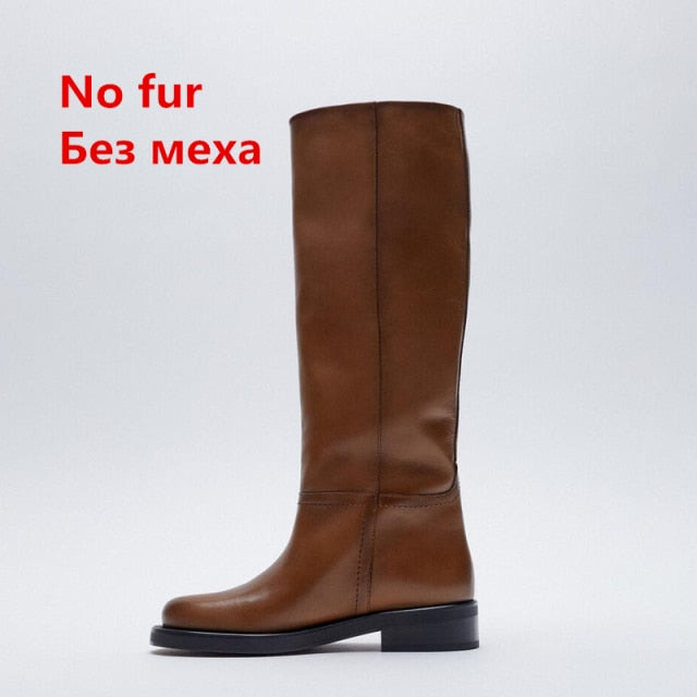 FEDONAS INS ZA Women Knee High Boots Full Cow Leather Warm Boots Thick High Heels Motorcycle Boots Punk Shoes Woman High Boots