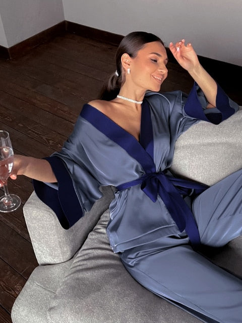 Solid Color Sleepwear Loose Flare Home Pants Three Quarter Sleeve Satin Robe Sets Bathrobe For Women Pajama Fashion Spring 2021