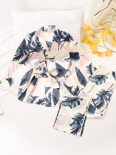 Solid Color Sleepwear Loose Flare Home Pants Three Quarter Sleeve Satin Robe Sets Bathrobe For Women Pajama Fashion Spring 2021