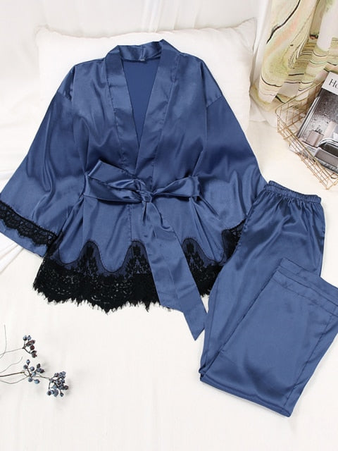 Solid Color Sleepwear Loose Flare Home Pants Three Quarter Sleeve Satin Robe Sets Bathrobe For Women Pajama Fashion Spring 2021