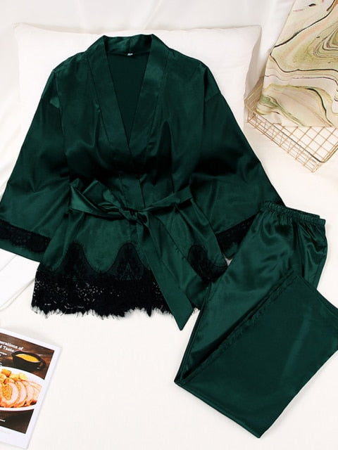 Solid Color Sleepwear Loose Flare Home Pants Three Quarter Sleeve Satin Robe Sets Bathrobe For Women Pajama Fashion Spring 2021