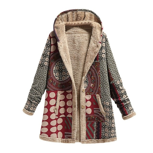 2021 Winter Vintage Women Coat Warm Printing Thick Fleece Hooded Long Jacket with Pocket Ladies Outwear Loose Coat for Women