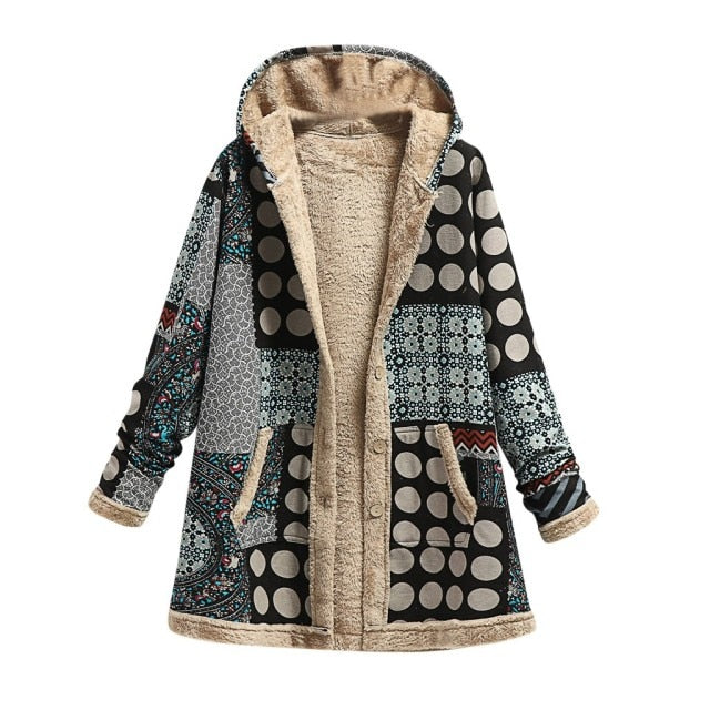 2021 Winter Vintage Women Coat Warm Printing Thick Fleece Hooded Long Jacket with Pocket Ladies Outwear Loose Coat for Women