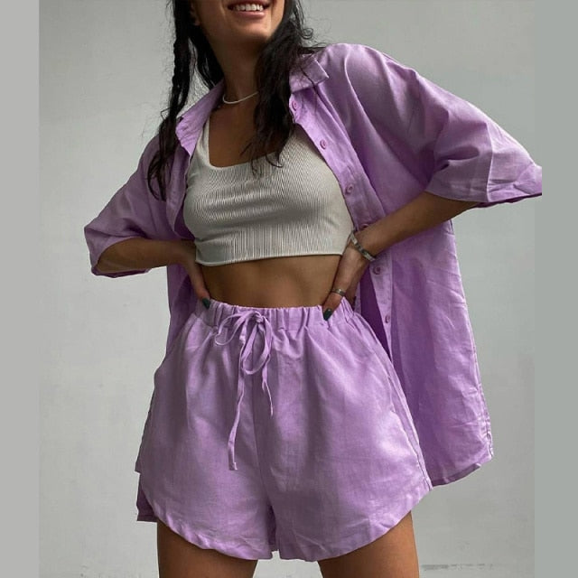 Casual Womem Yellow Lounge Wear Summer Tracksuit Shorts Set Long Sleeve Shirt Tops And Mini Shorts Suit 2021 New Two Piece Set