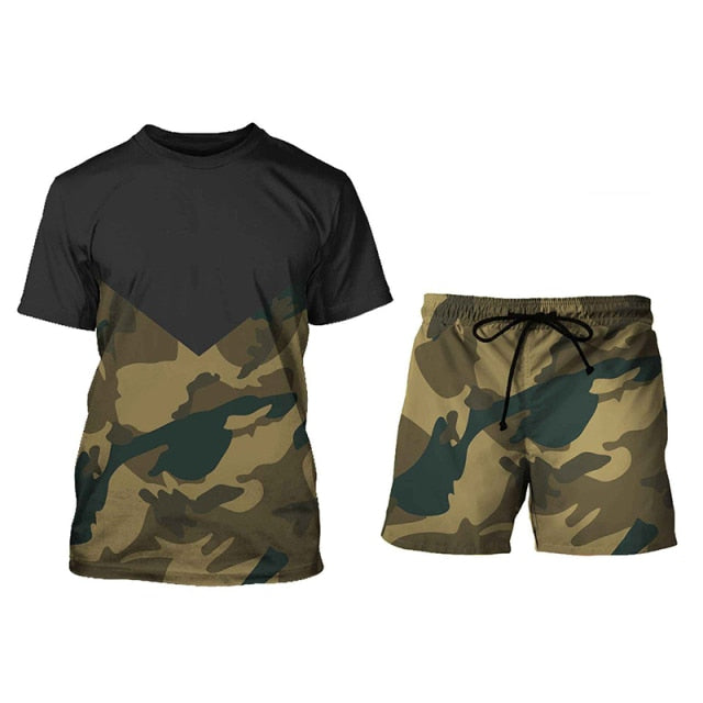 Summer 2021 Men's Camouflage Short Sleeve Shorts Two Piece Sport Suit for Leisure Fitness  Casual Shorts Suit Male