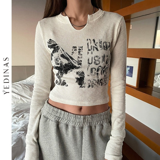 Yedinas Vintage Letter Print Long Sleeve Crop Top Women Sexy Slim Autumn T Shirt Korean Style Chic Grunge Aesthetic Streetwear