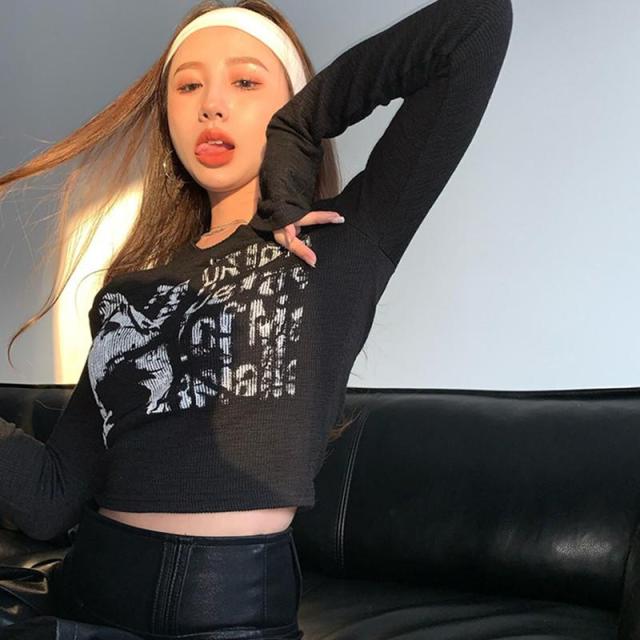 Yedinas Vintage Letter Print Long Sleeve Crop Top Women Sexy Slim Autumn T Shirt Korean Style Chic Grunge Aesthetic Streetwear