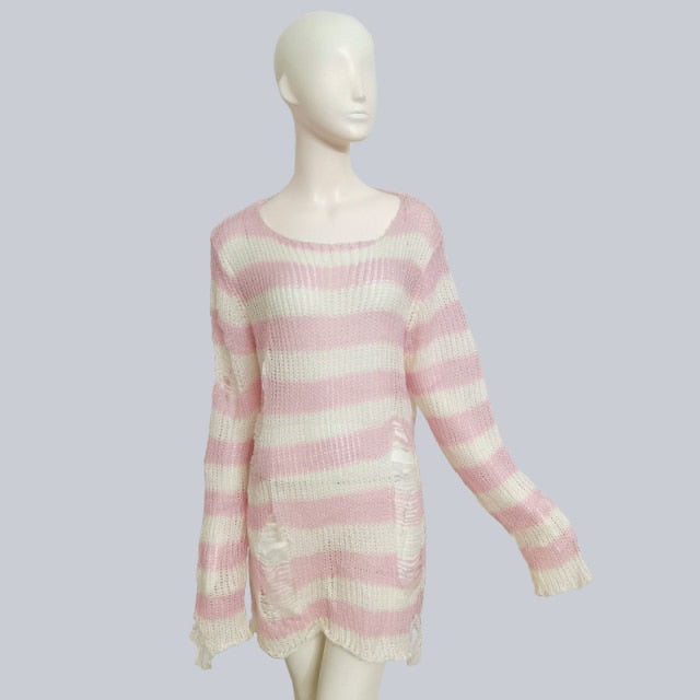 Plus Size Punk Gothic Long Unisex Sweater Dress Cool Hollow Out Hole Broken Jumper Loose Rock Thin Sweter 2020 Women Man Striped