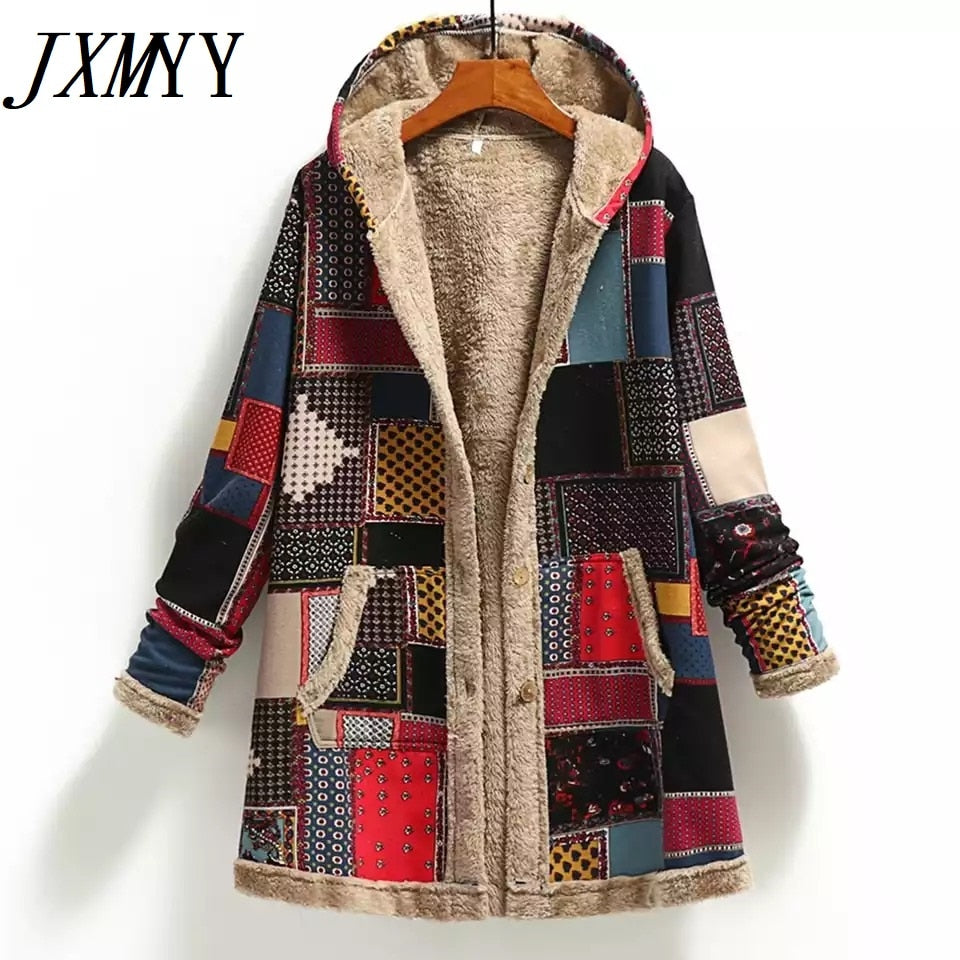 2021 Winter Vintage Women Coat Warm Printing Thick Fleece Hooded Long Jacket with Pocket Ladies Outwear Loose Coat for Women