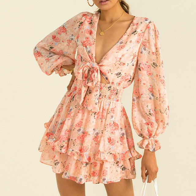 Women Spring V Neck Chiffon Print Dress Self-tie Knot Front Ruffles Leopard Dress Female Sexy Short A Line Party Vestidos 2021