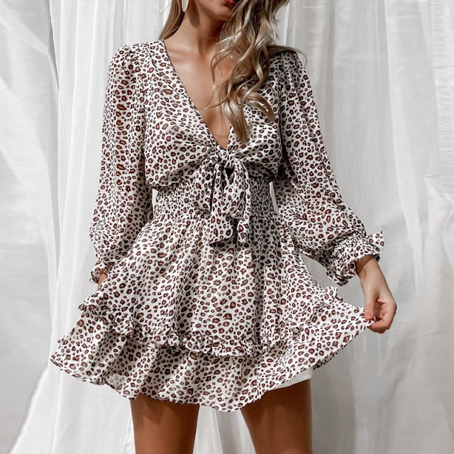 Women Spring V Neck Chiffon Print Dress Self-tie Knot Front Ruffles Leopard Dress Female Sexy Short A Line Party Vestidos 2021