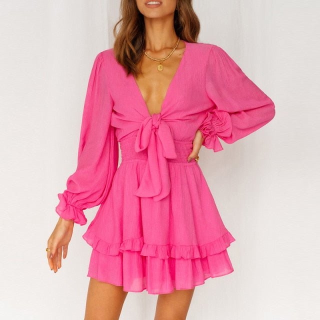 Women Spring V Neck Chiffon Print Dress Self-tie Knot Front Ruffles Leopard Dress Female Sexy Short A Line Party Vestidos 2021