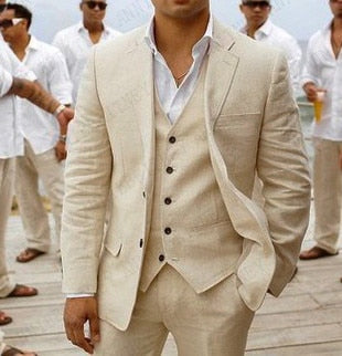 2021 Men Suit Linen Beige For Beach Wedding Casual Man Blazer Custom Groom Tuxedo Jacket Pants Set Mens Suits 3 Pieces