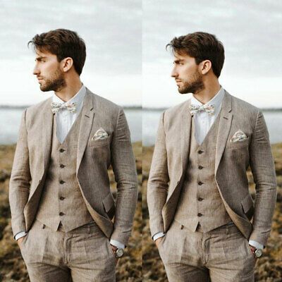 2021 Men Suit Linen Beige For Beach Wedding Casual Man Blazer Custom Groom Tuxedo Jacket Pants Set Mens Suits 3 Pieces