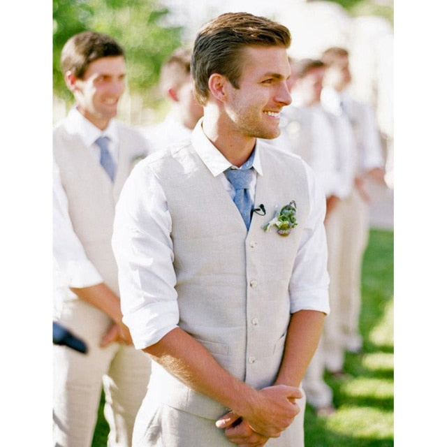 2021 Men Suit Linen Beige For Beach Wedding Casual Man Blazer Custom Groom Tuxedo Jacket Pants Set Mens Suits 3 Pieces