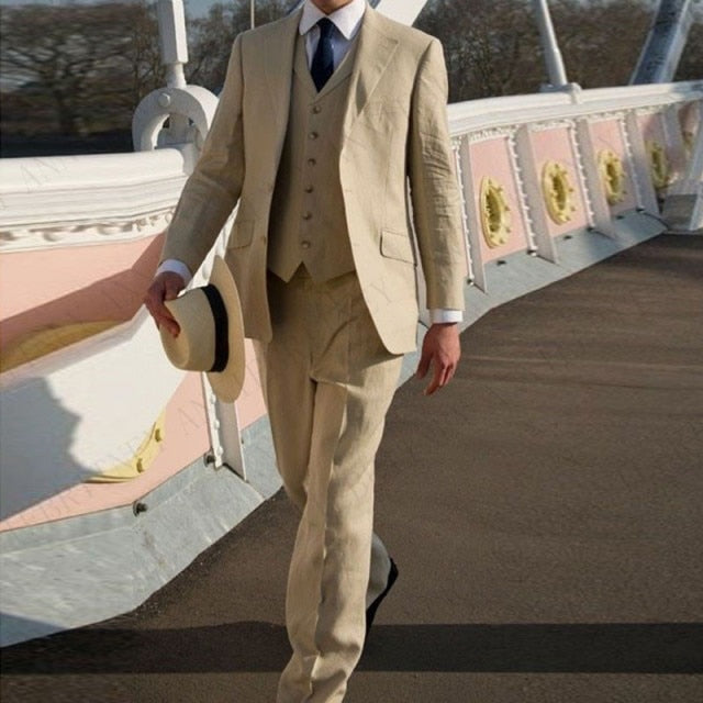 2021 Men Suit Linen Beige For Beach Wedding Casual Man Blazer Custom Groom Tuxedo Jacket Pants Set Mens Suits 3 Pieces