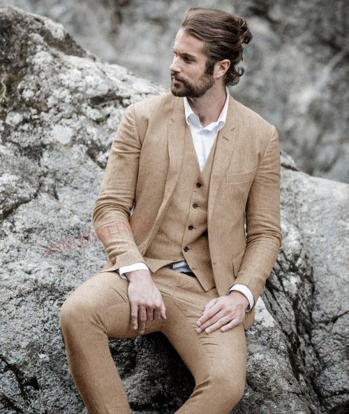 2021 Men Suit Linen Beige For Beach Wedding Casual Man Blazer Custom Groom Tuxedo Jacket Pants Set Mens Suits 3 Pieces