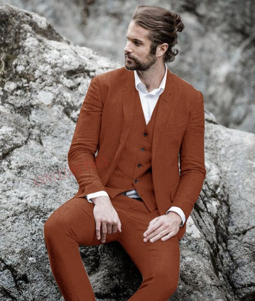 2021 Men Suit Linen Beige For Beach Wedding Casual Man Blazer Custom Groom Tuxedo Jacket Pants Set Mens Suits 3 Pieces