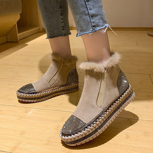 Warm Real Mink Fur Shoes Women Luxury Crystal Hand Stitching Leather Winter Large Size High Shoes Woman Slip-on Platform Flats