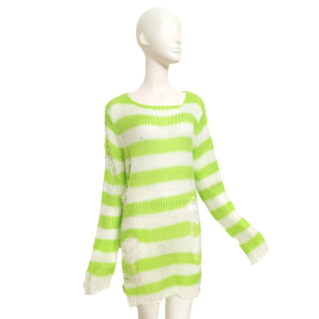 Plus Size Punk Gothic Long Unisex Sweater Dress Cool Hollow Out Hole Broken Jumper Loose Rock Thin Sweter 2020 Women Man Striped