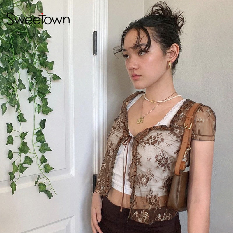 Sweetown Brown Vintage New Lace Crop Top Short Sleeve See Through Sexy Mesh Woman Tshirts V Neck Lace Up Floral Kawaii Clothes