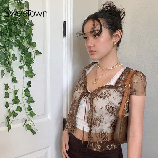 Sweetown Brown Vintage New Lace Crop Top Short Sleeve See Through Sexy Mesh Woman Tshirts V Neck Lace Up Floral Kawaii Clothes