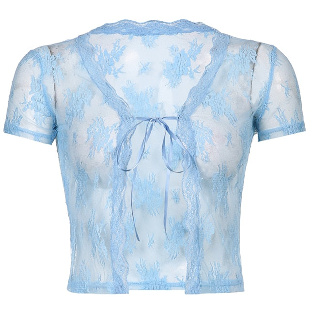 Sweetown Brown Vintage New Lace Crop Top Short Sleeve See Through Sexy Mesh Woman Tshirts V Neck Lace Up Floral Kawaii Clothes